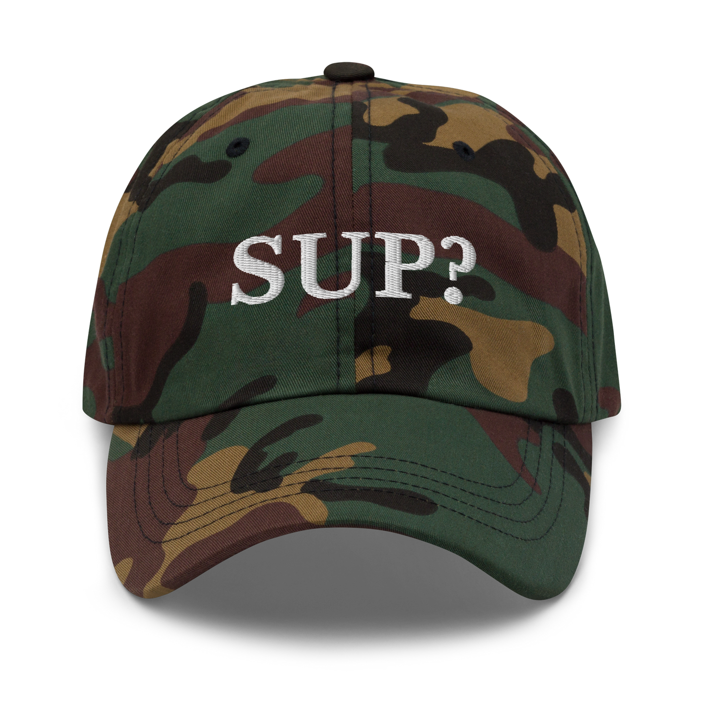 WHITE BOY SUMMER - Sup? - "Sup?" - White Embroidered Baseball Cap - Hat Green Camo