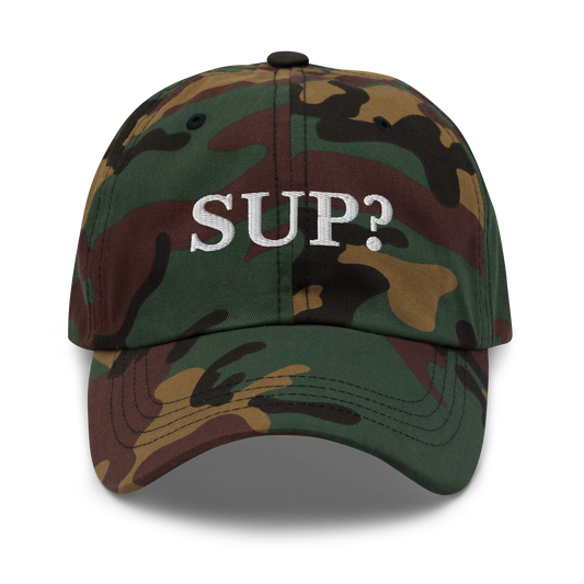 WHITE BOY SUMMER - Sup? - "Sup?" - White Embroidered Baseball Cap - Hat Green Camo
