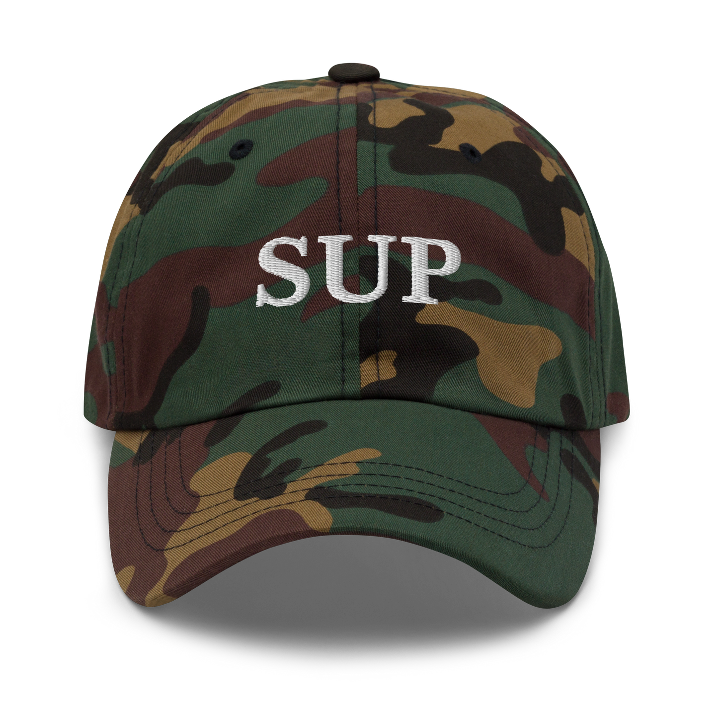 WHITE BOY SUMMER - Sup? - "Sup" - White Embroidered Baseball Cap - Hat Green Camo