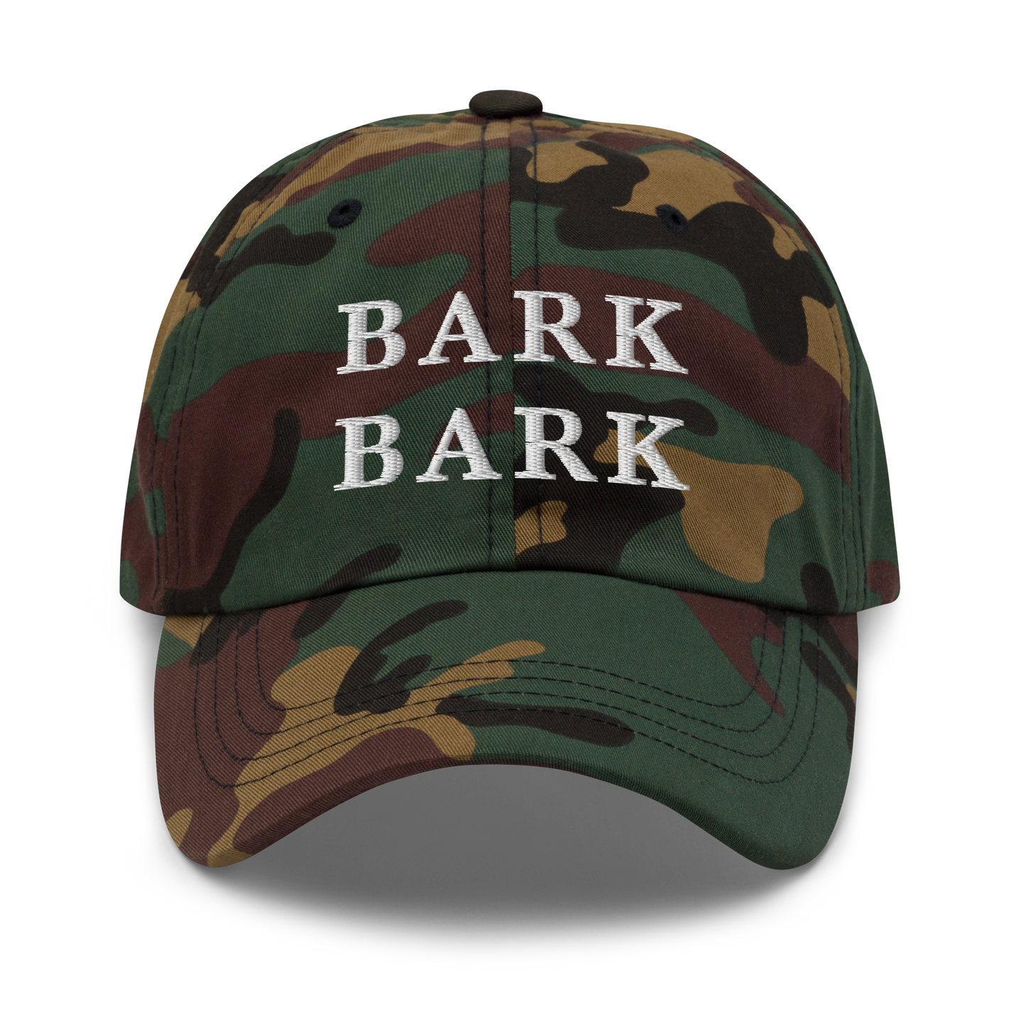 WHITE BOY SUMMER - Big Dog - "Bark Bark" - White Embroidered Baseball Cap - Hat Green Camo