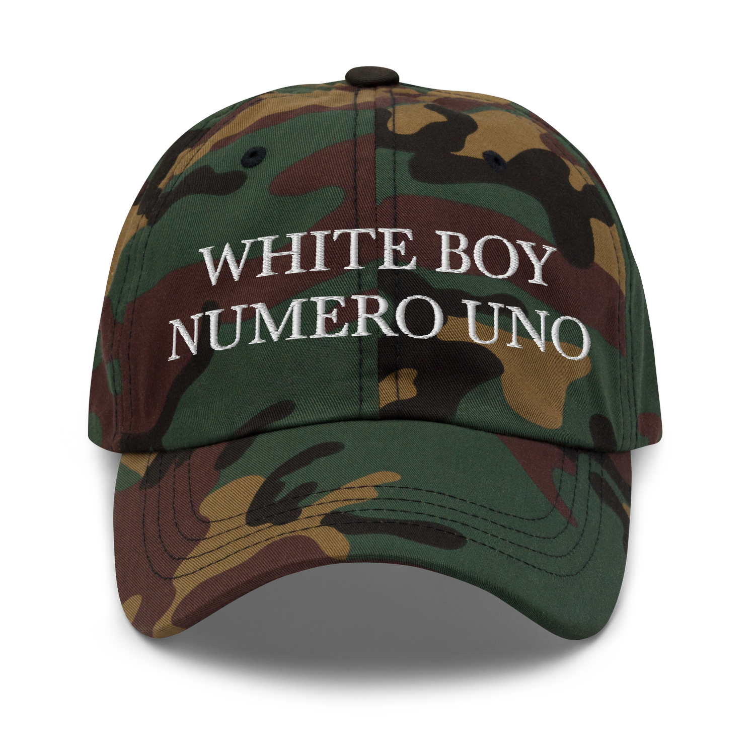 WHITE BOY SUMMER - White Boy Of The Year - "White Boy Numero Uno" - White Embroidered Baseball Cap - Hat Green Camo