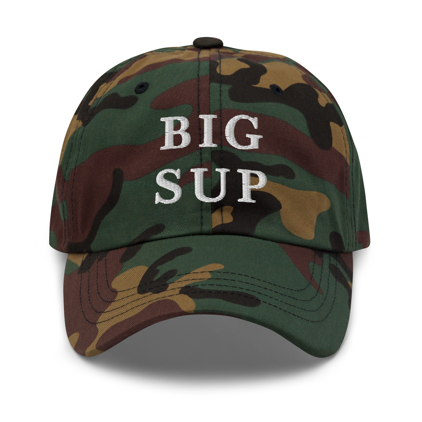 WHITE BOY SUMMER - Sup? - "Big Sup" - White Embroidered Baseball Cap - Hat Green Camo
