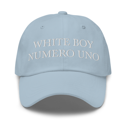 WHITE BOY SUMMER - White Boy Of The Year - "White Boy Numero Uno" - White Embroidered Baseball Cap - Hat Light Blue