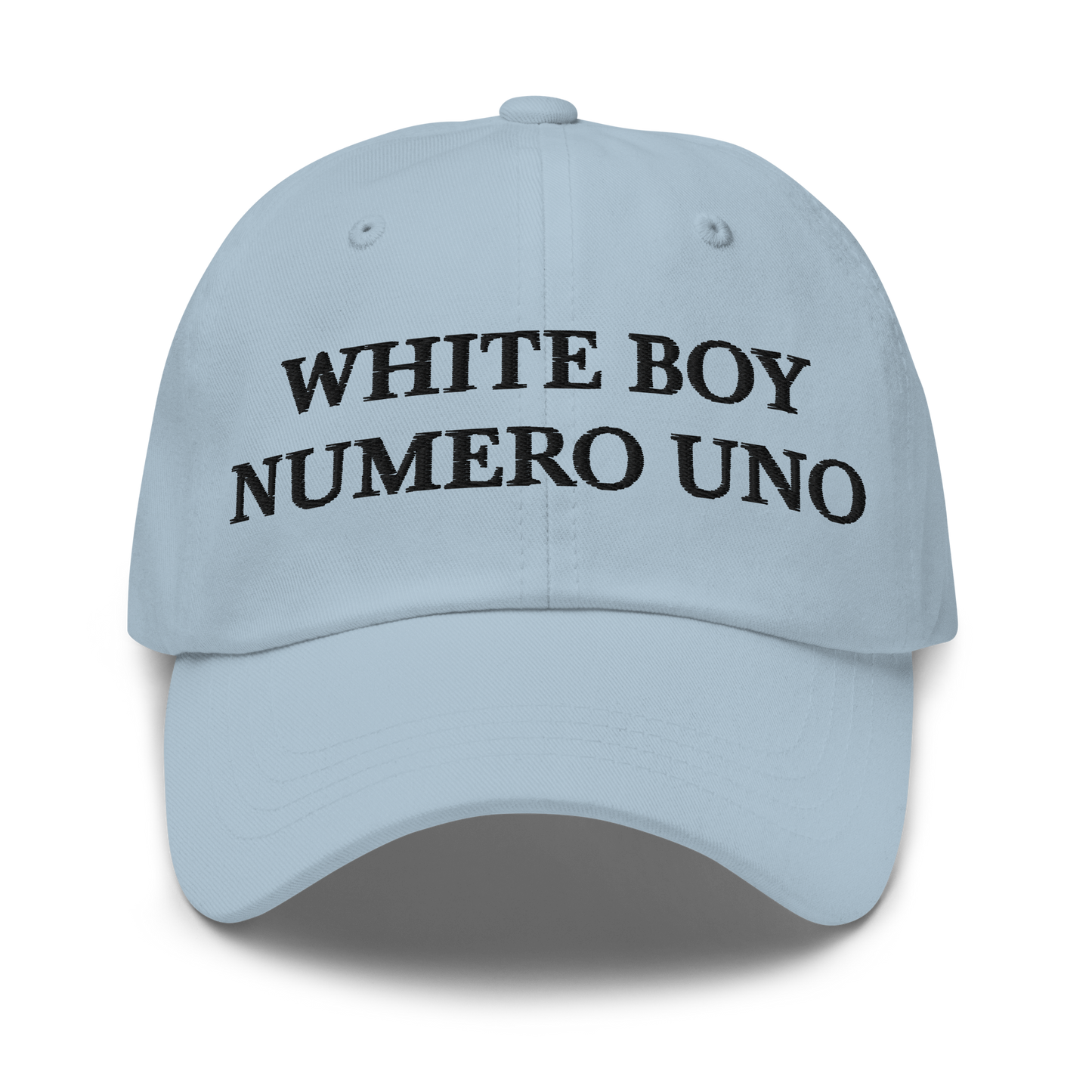 WHITE BOY SUMMER - White Boy Of The Year - "White Boy Numero Uno" - Black Embroidered Baseball Cap - Hat Light Blue
