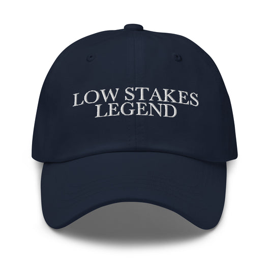 Low Stakes Legend embroidered baseball cap in Navy with white embroidery by White Boy Summer