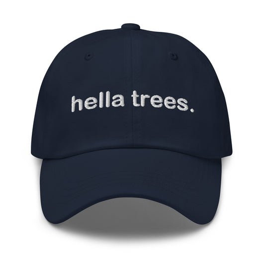 Hella Trees embroidered baseball cap in Navy with white embroidery by White Boy Summer