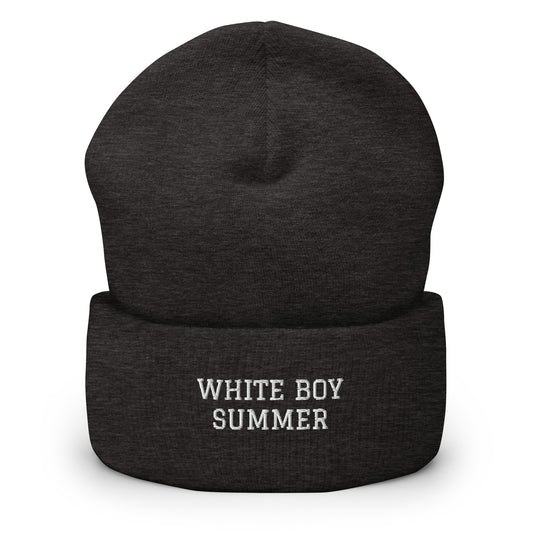 "White Boy Summer" - White Embroidered Cuffed Beanie