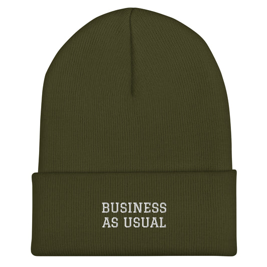 "Business As Usual" - White Embroidered Cuffed Beanie