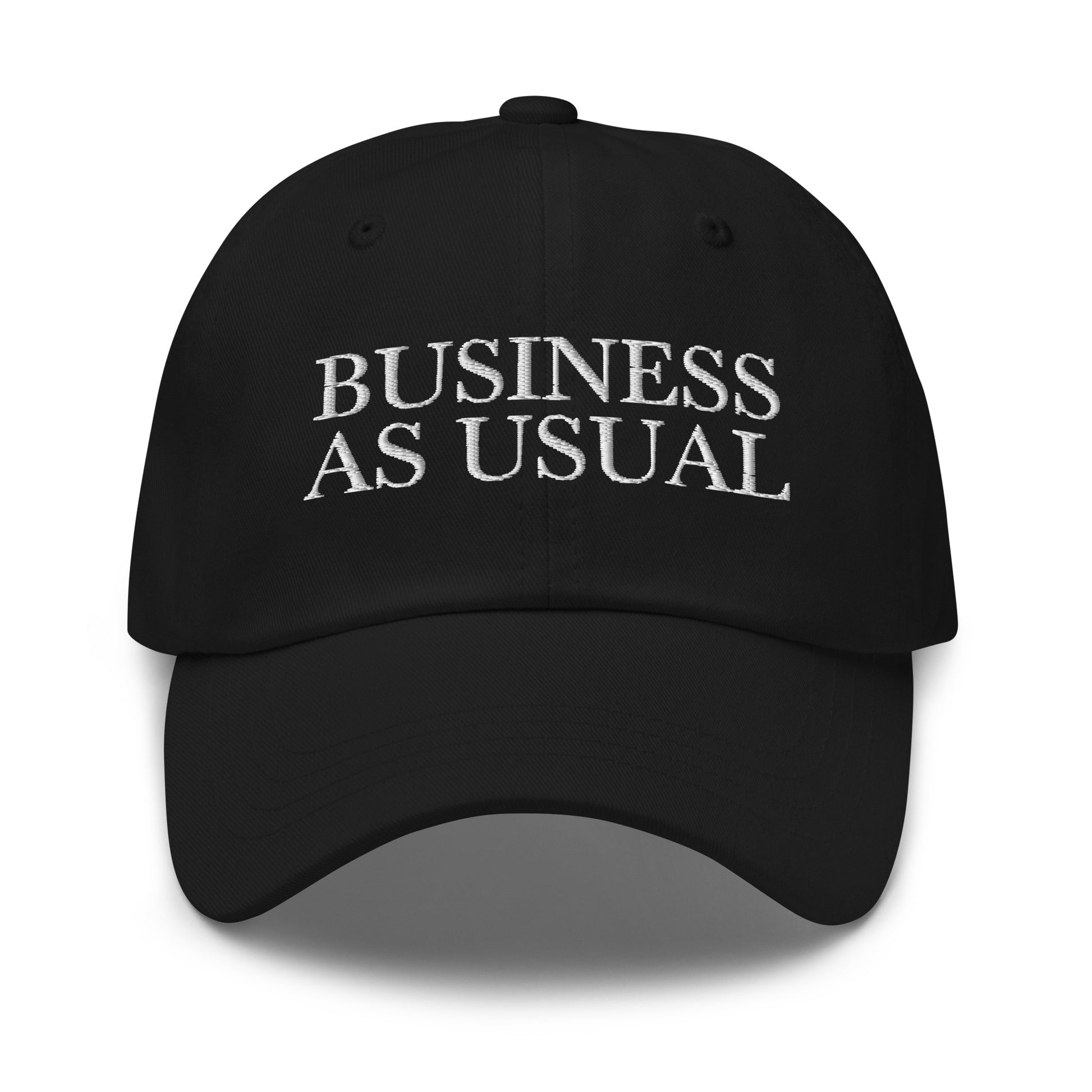 BUSINESS AS USUAL Black front cap mockup