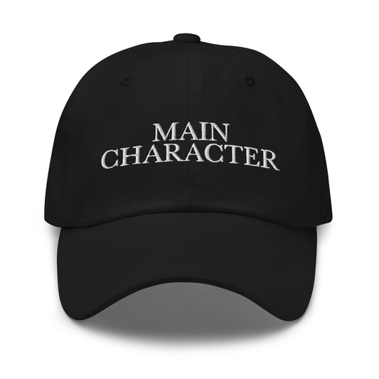 Main Character embroidered baseball cap in Black with white embroidery by White Boy Summer