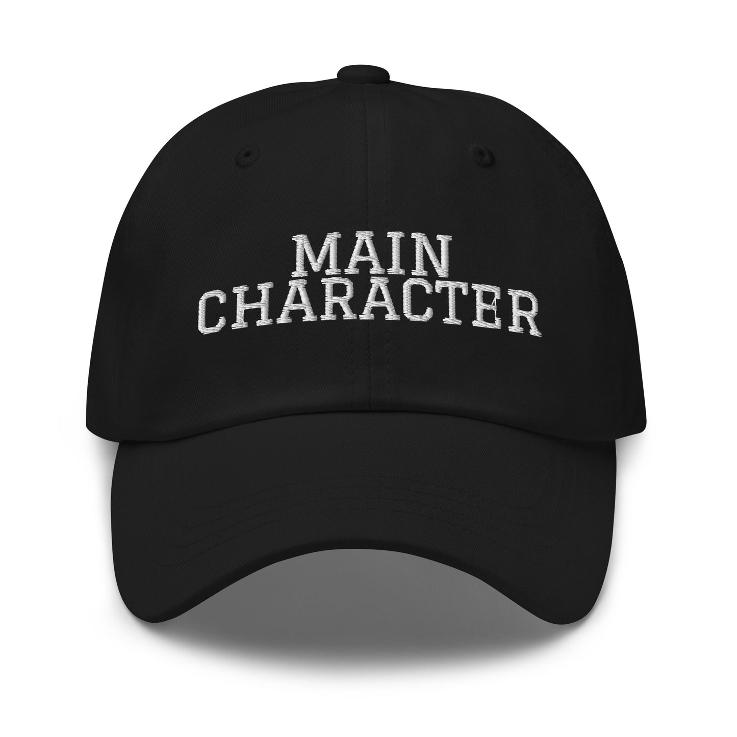 Main Character embroidered baseball cap in Black with white embroidery by White Boy Summer