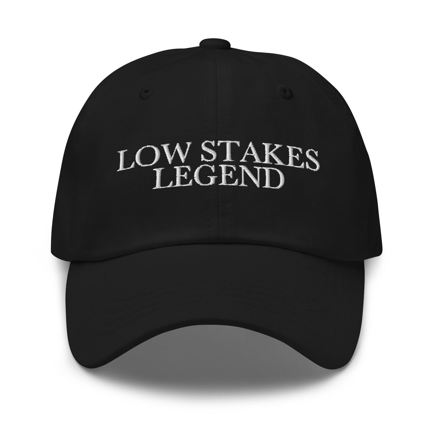 Low Stakes Legend embroidered baseball cap in Black with white embroidery by White Boy Summer