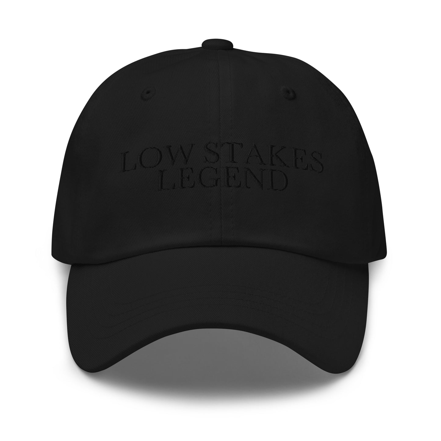 Low Stakes Legend embroidered baseball cap in Black with black embroidery by White Boy Summer