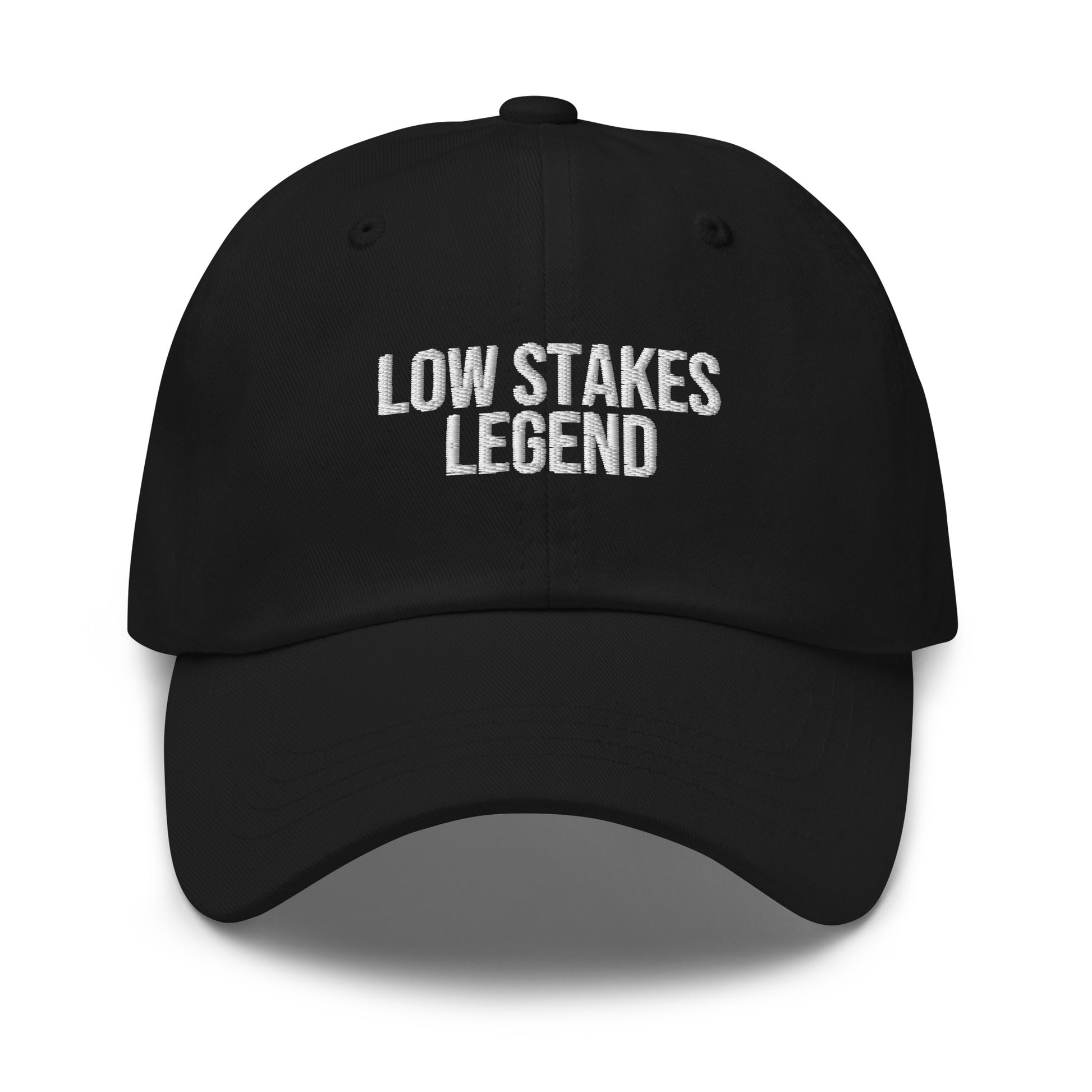Low Stakes Legend embroidered baseball cap in Black with white embroidery by White Boy Summer