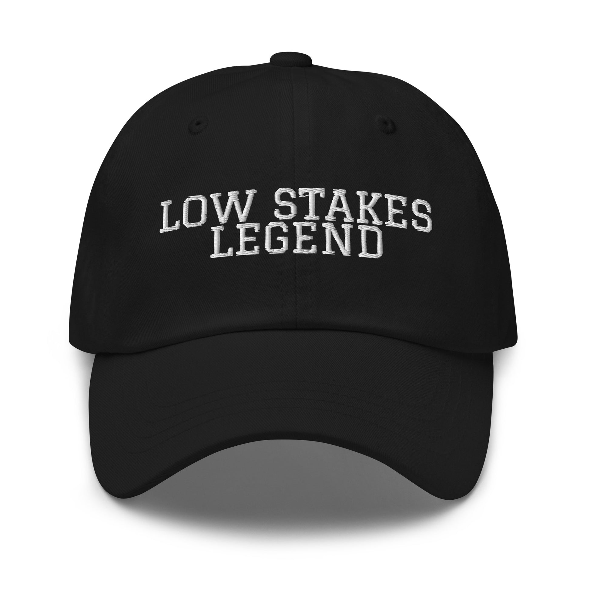 Low Stakes Legend embroidered baseball cap in Black with white embroidery by White Boy Summer