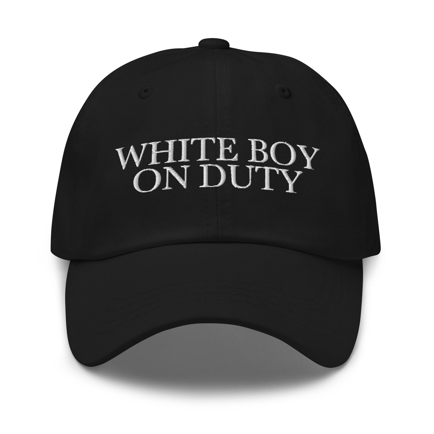 White Boy On Duty embroidered baseball cap in Black with white embroidery by White Boy Summer