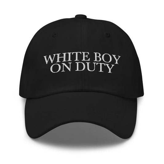 White Boy On Duty embroidered baseball cap in Black with white embroidery by White Boy Summer