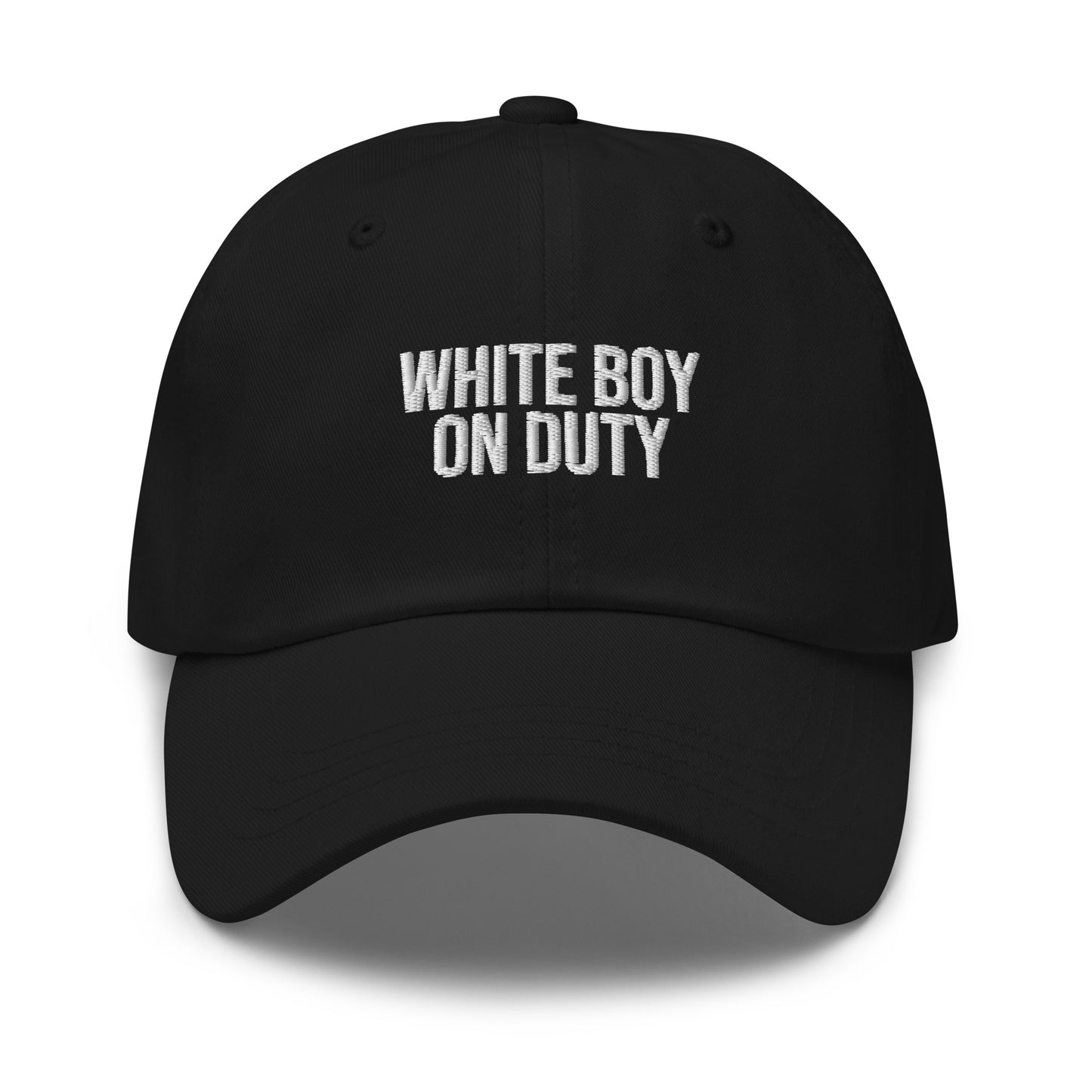 White Boy On Duty embroidered baseball cap in Black with white embroidery by White Boy Summer