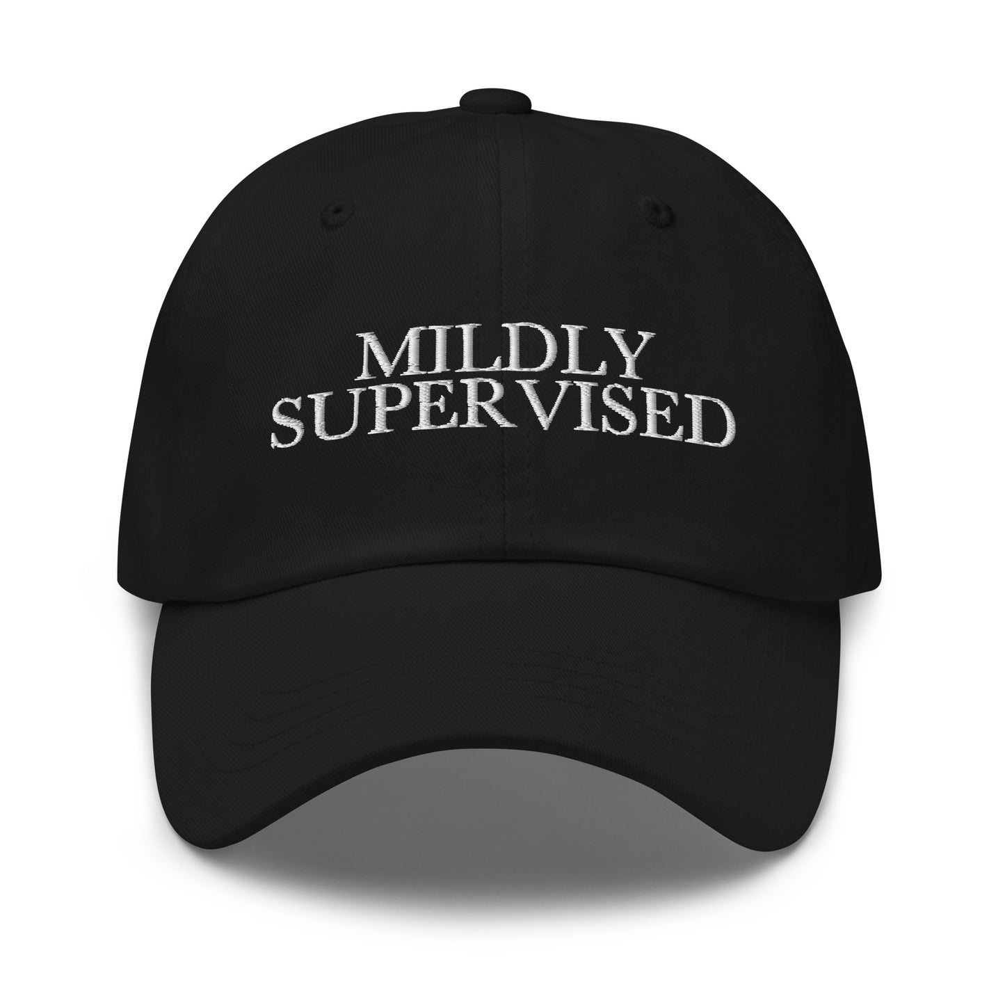 Mildly Supervised embroidered baseball cap in Black with white embroidery by White Boy Summer