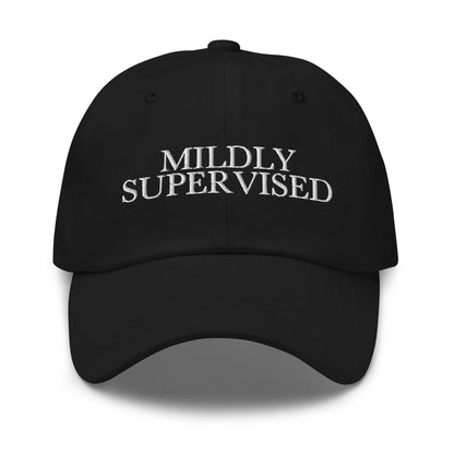 Mildly Supervised embroidered baseball cap in Black with white embroidery by White Boy Summer