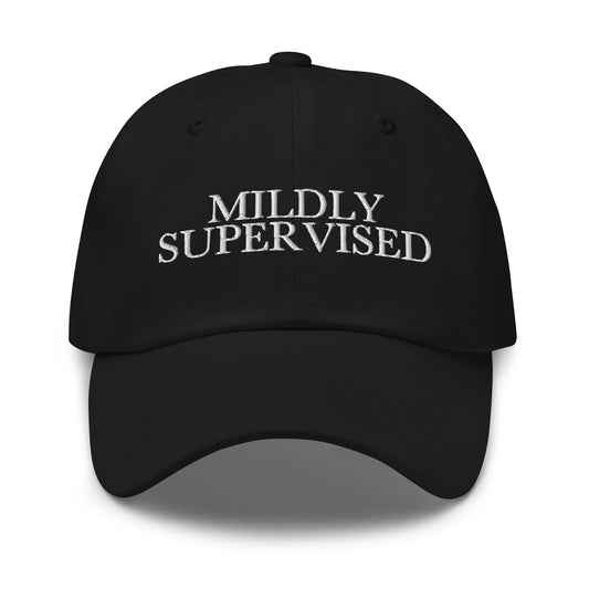Mildly Supervised embroidered baseball cap in Black with white embroidery by White Boy Summer
