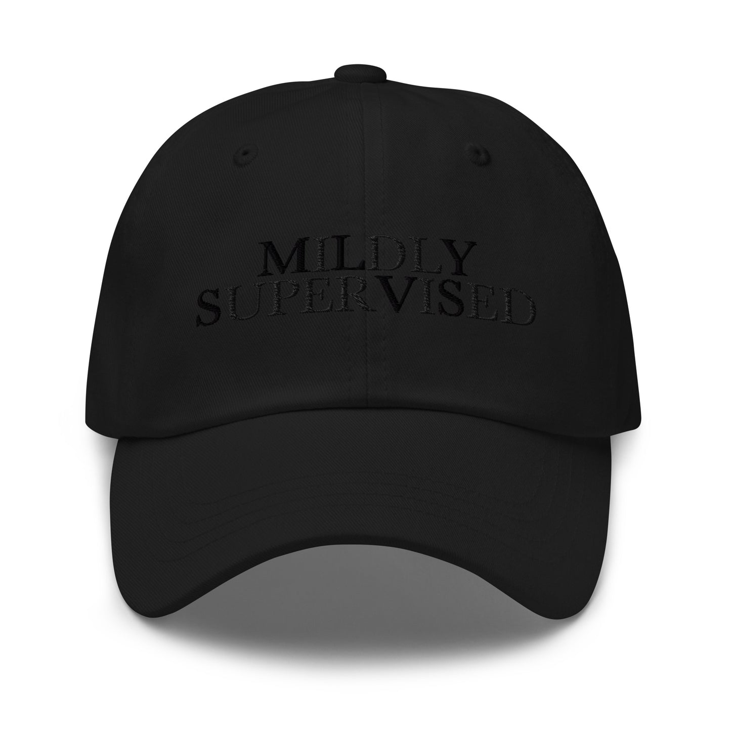Mildly Supervised embroidered baseball cap in Black with black embroidery by White Boy Summer