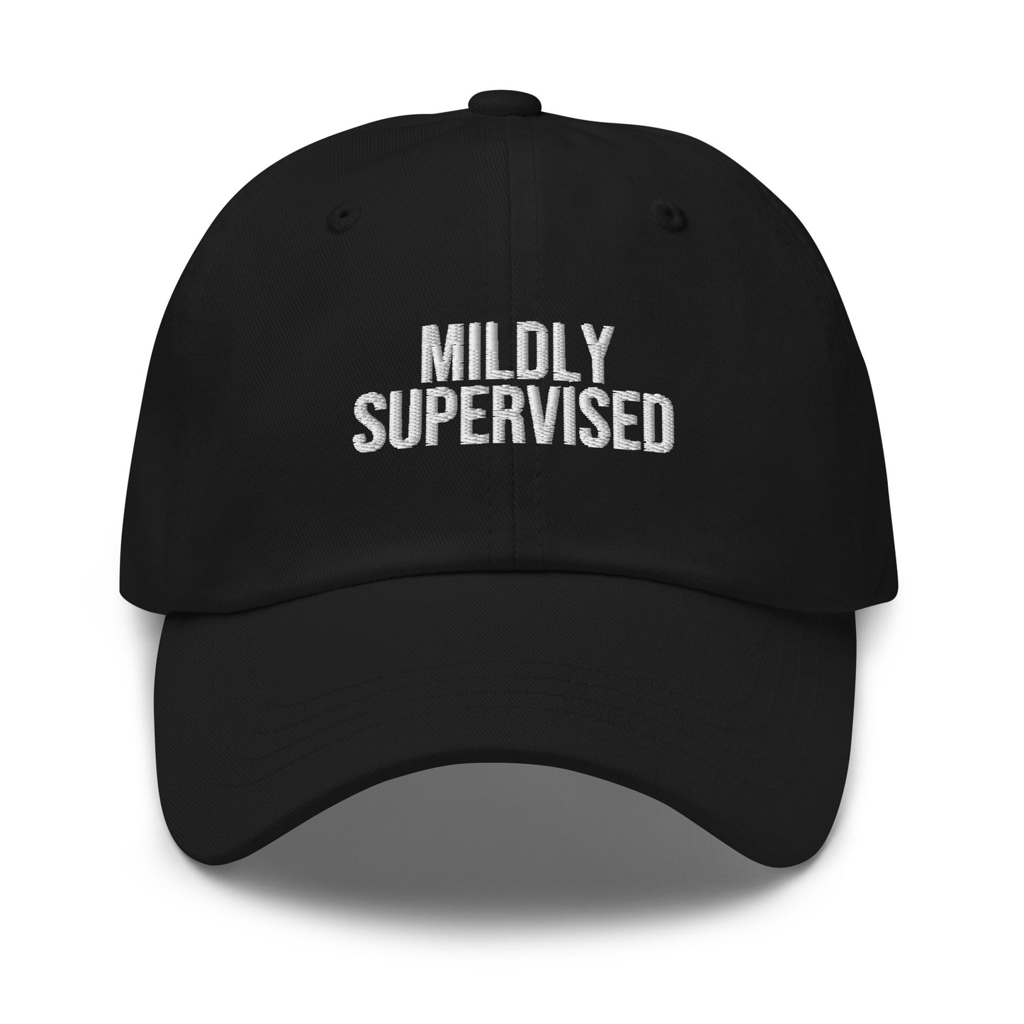 Mildly Supervised embroidered baseball cap in Black with white embroidery by White Boy Summer