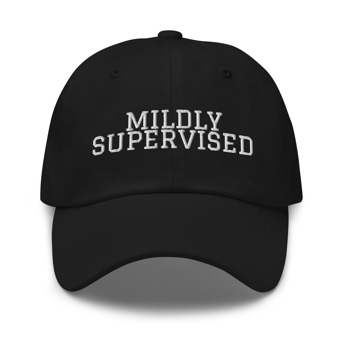Mildly Supervised embroidered baseball cap in Black with white embroidery by White Boy Summer