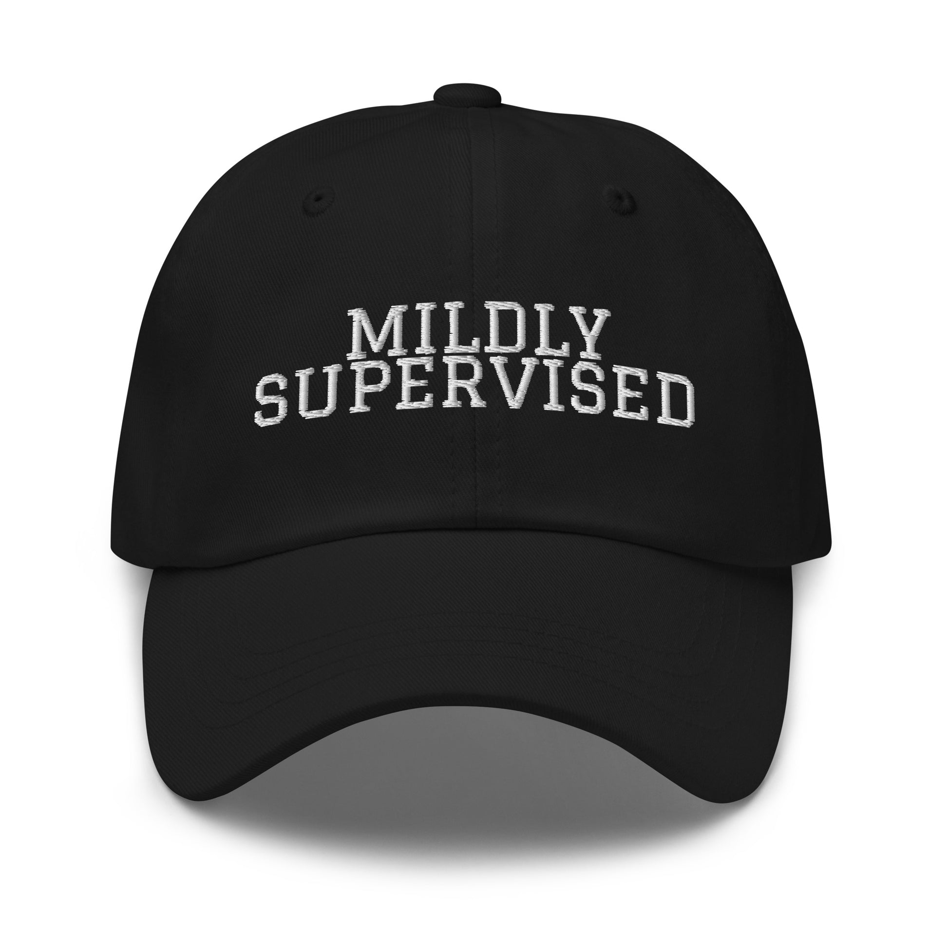 Mildly Supervised embroidered baseball cap in Black with white embroidery by White Boy Summer
