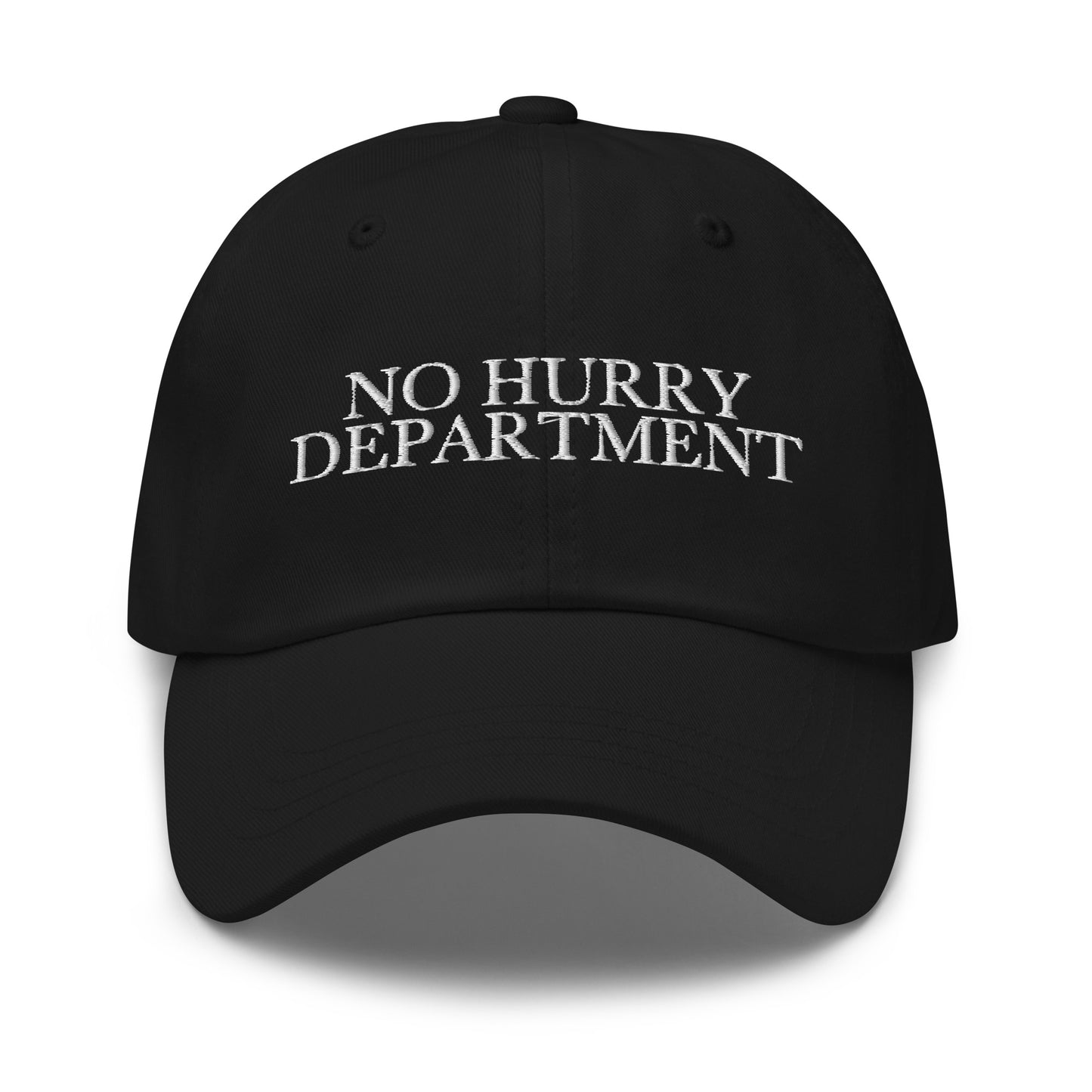 No Hurry Department embroidered baseball cap in Black with white embroidery by White Boy Summer