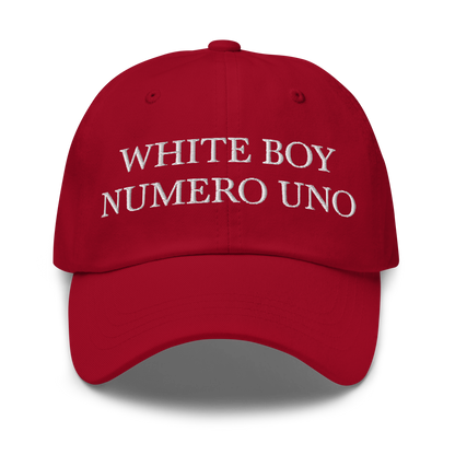 WHITE BOY SUMMER - White Boy Of The Year - "White Boy Numero Uno" - White Embroidered Baseball Cap - Hat Cranberry