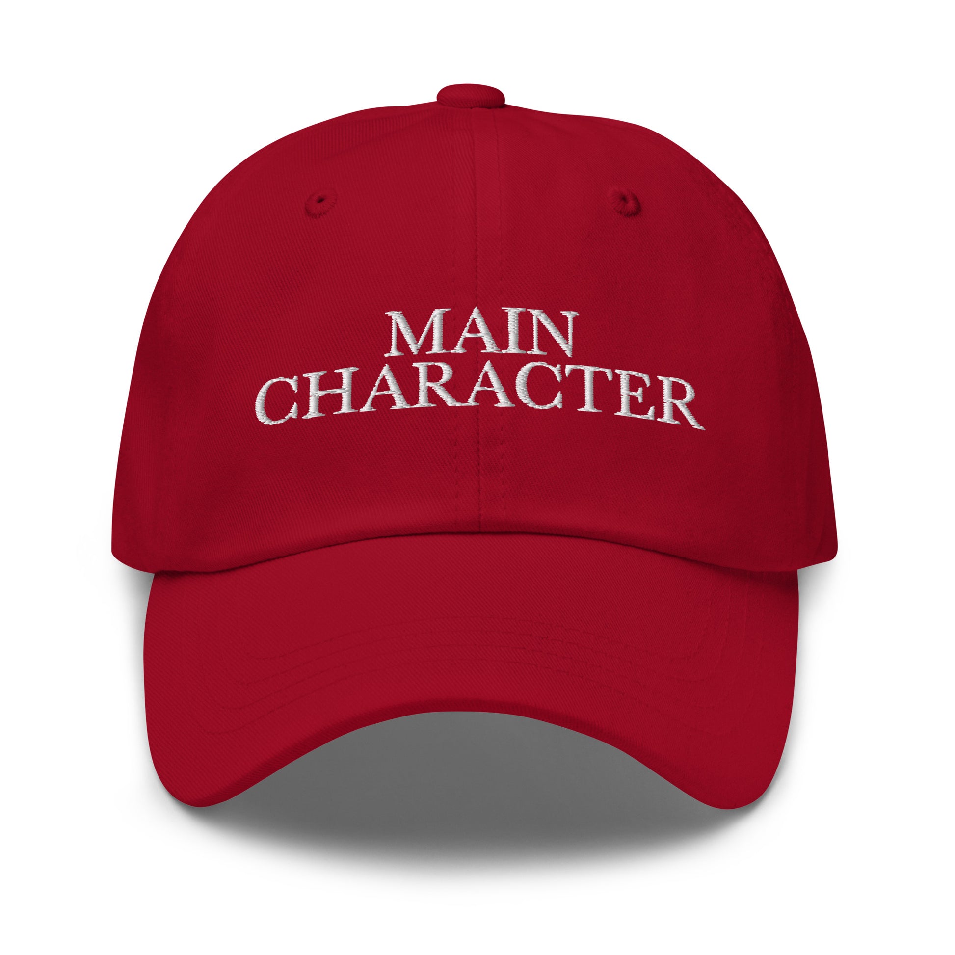 Main Character embroidered baseball cap in Cranberry with white embroidery by White Boy Summer