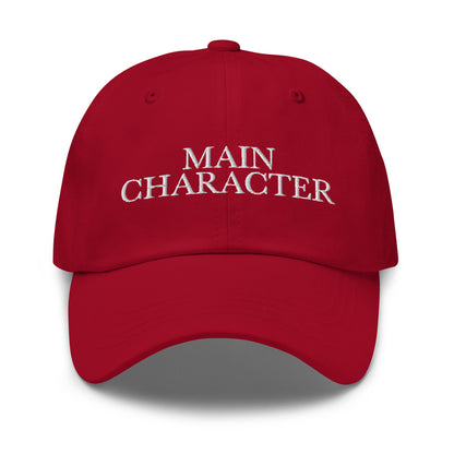Main Character embroidered baseball cap in Cranberry with white embroidery by White Boy Summer