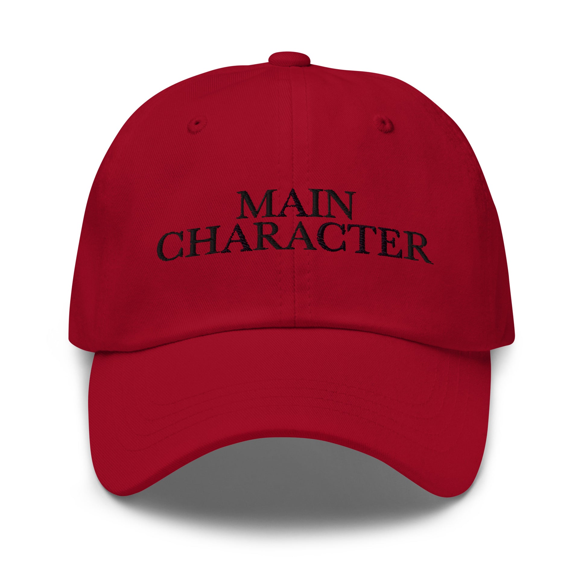 Main Character embroidered baseball cap in Cranberry with black embroidery by White Boy Summer
