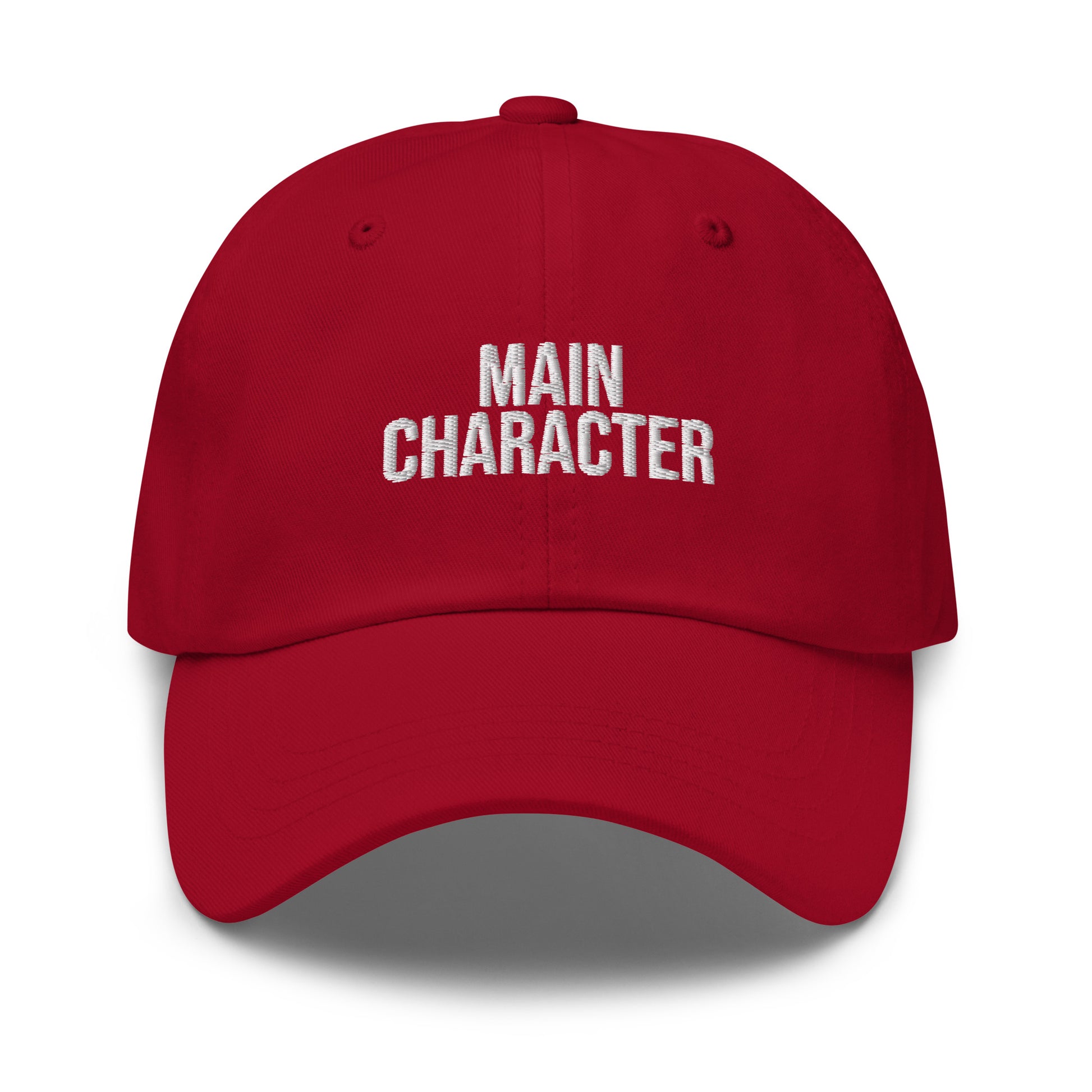 Main Character embroidered baseball cap in Cranberry with white embroidery by White Boy Summer