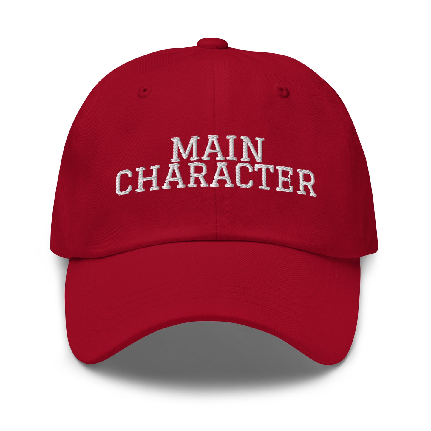 Main Character embroidered baseball cap in Cranberry with white embroidery by White Boy Summer