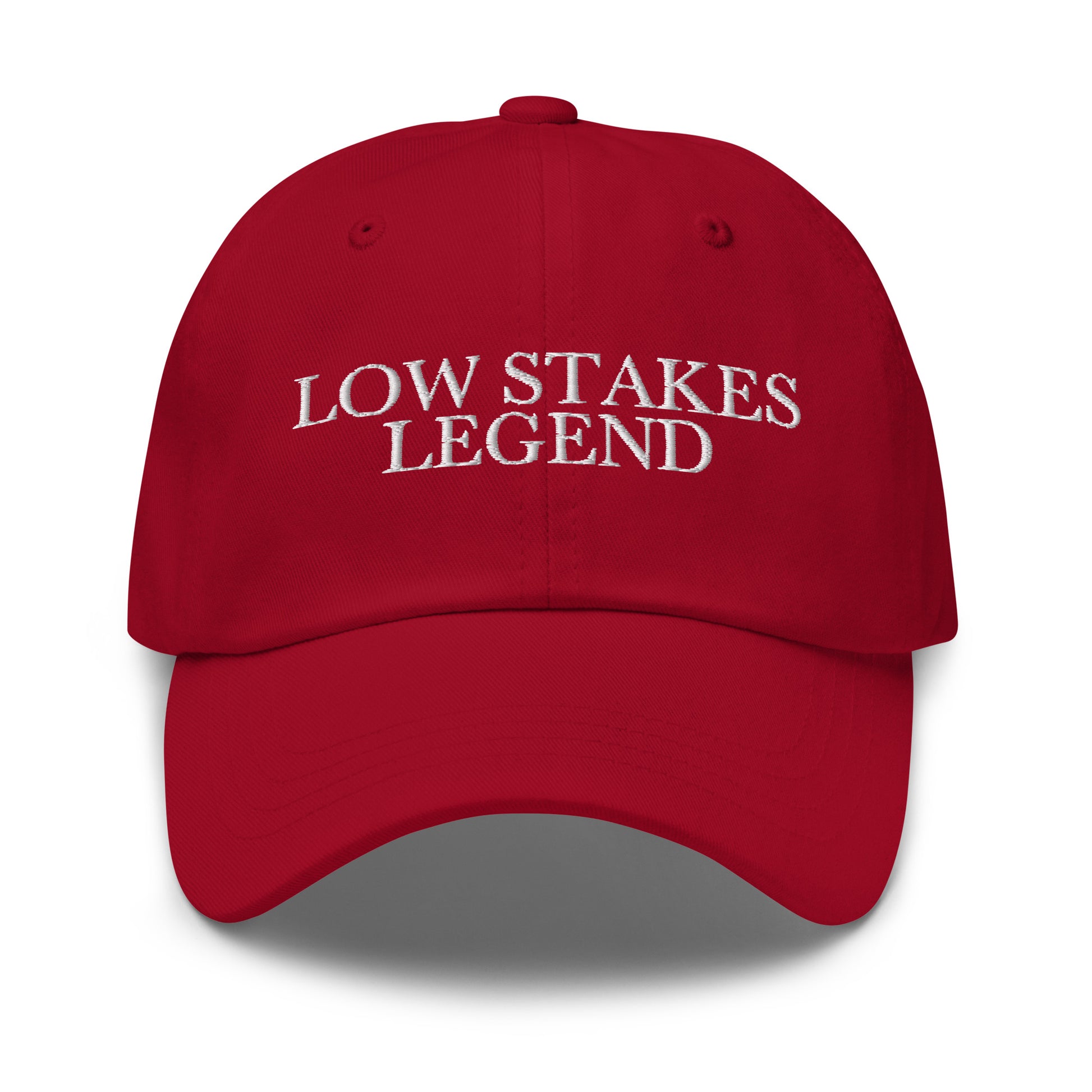 Low Stakes Legend embroidered baseball cap in Cranberry with white embroidery by White Boy Summer