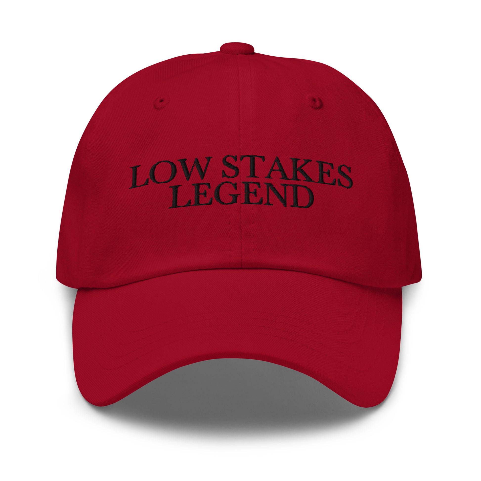 Low Stakes Legend embroidered baseball cap in Cranberry with black embroidery by White Boy Summer