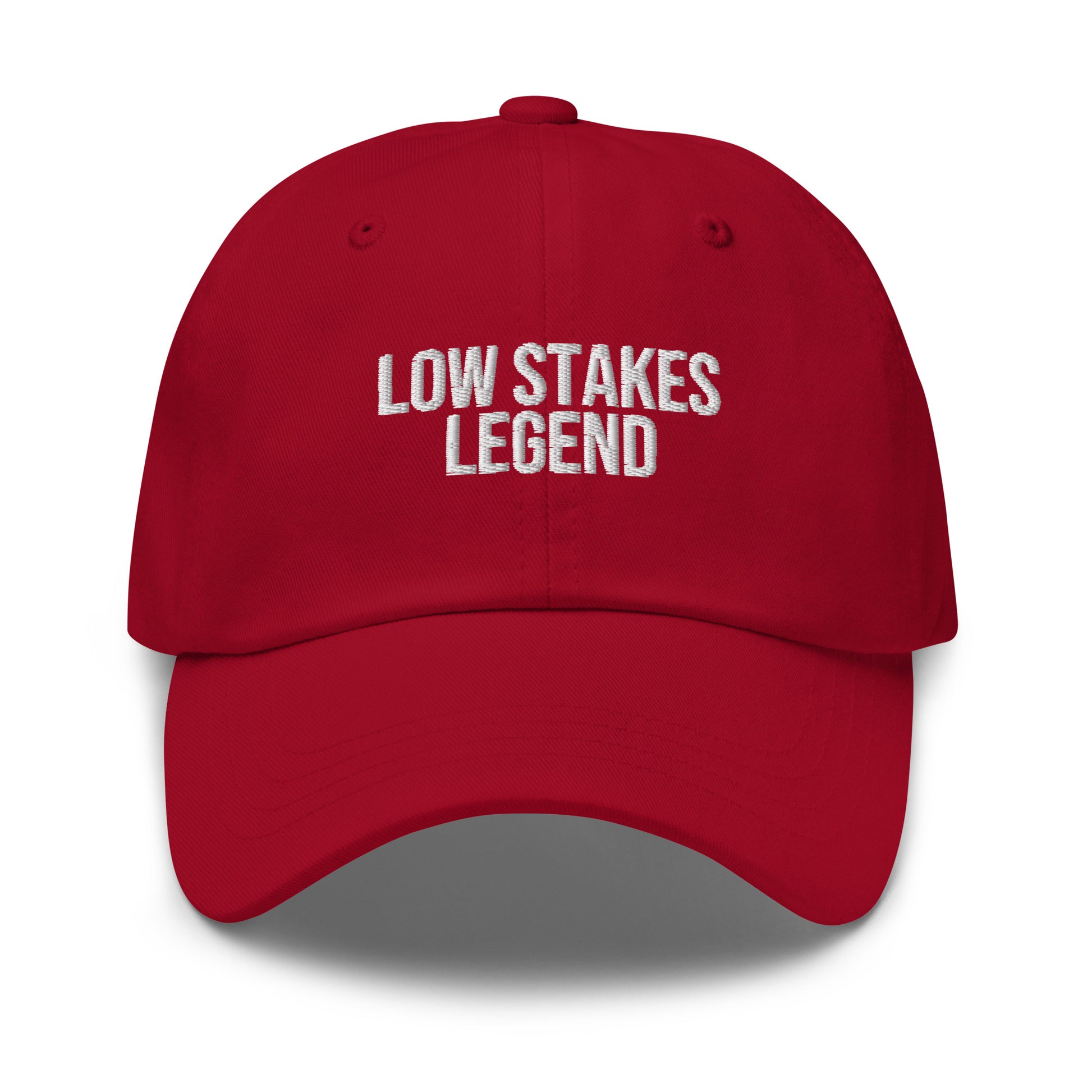 Low Stakes Legend embroidered baseball cap in Cranberry with white embroidery by White Boy Summer
