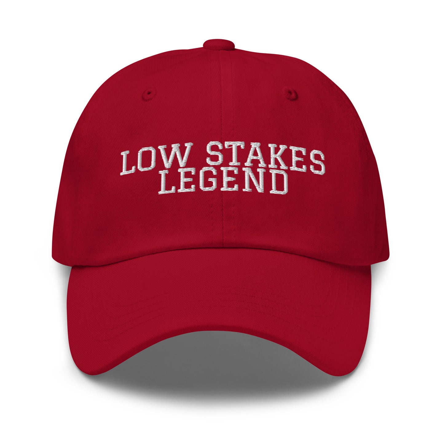 Low Stakes Legend embroidered baseball cap in Cranberry with white embroidery by White Boy Summer