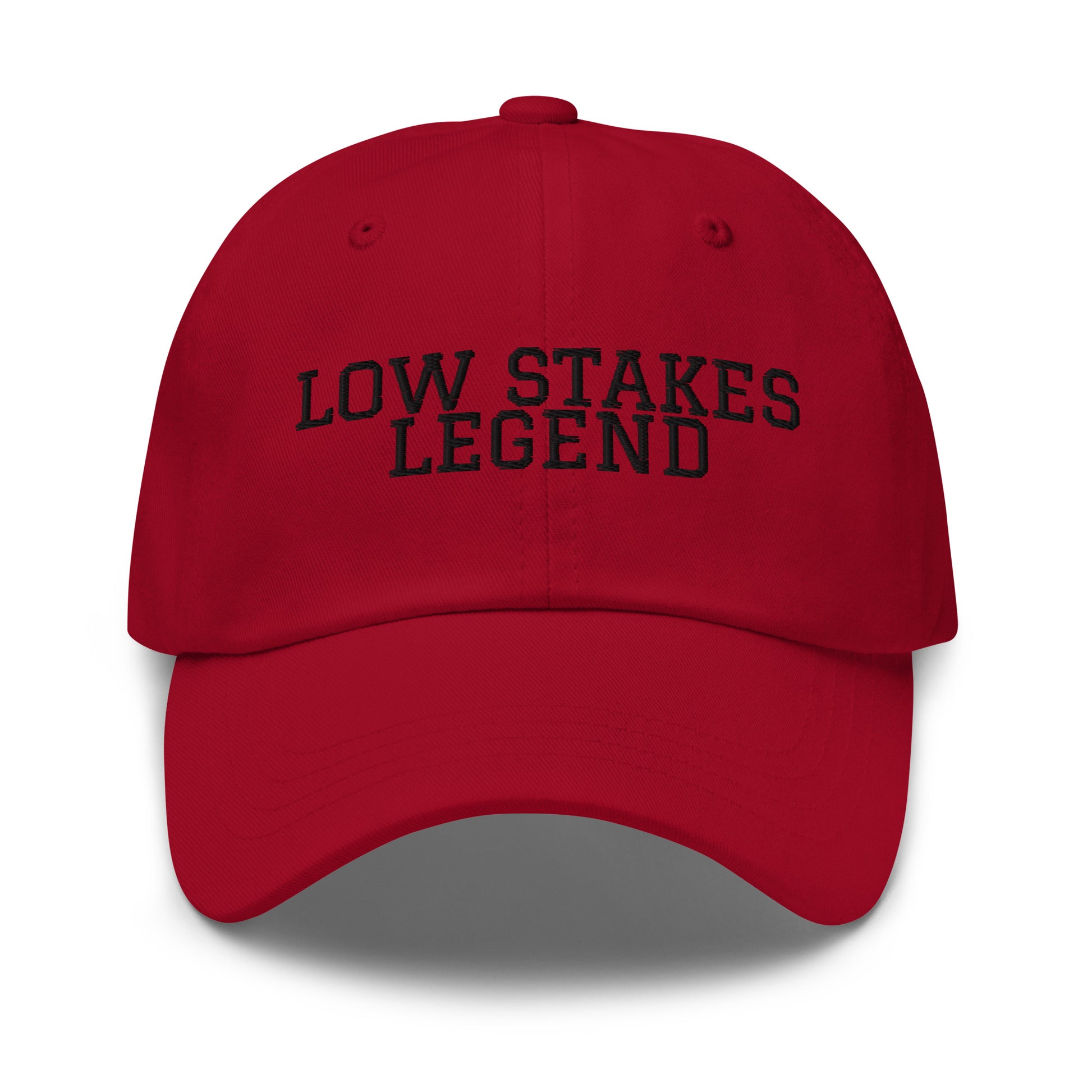 Low Stakes Legend embroidered baseball cap in Cranberry with black embroidery by White Boy Summer