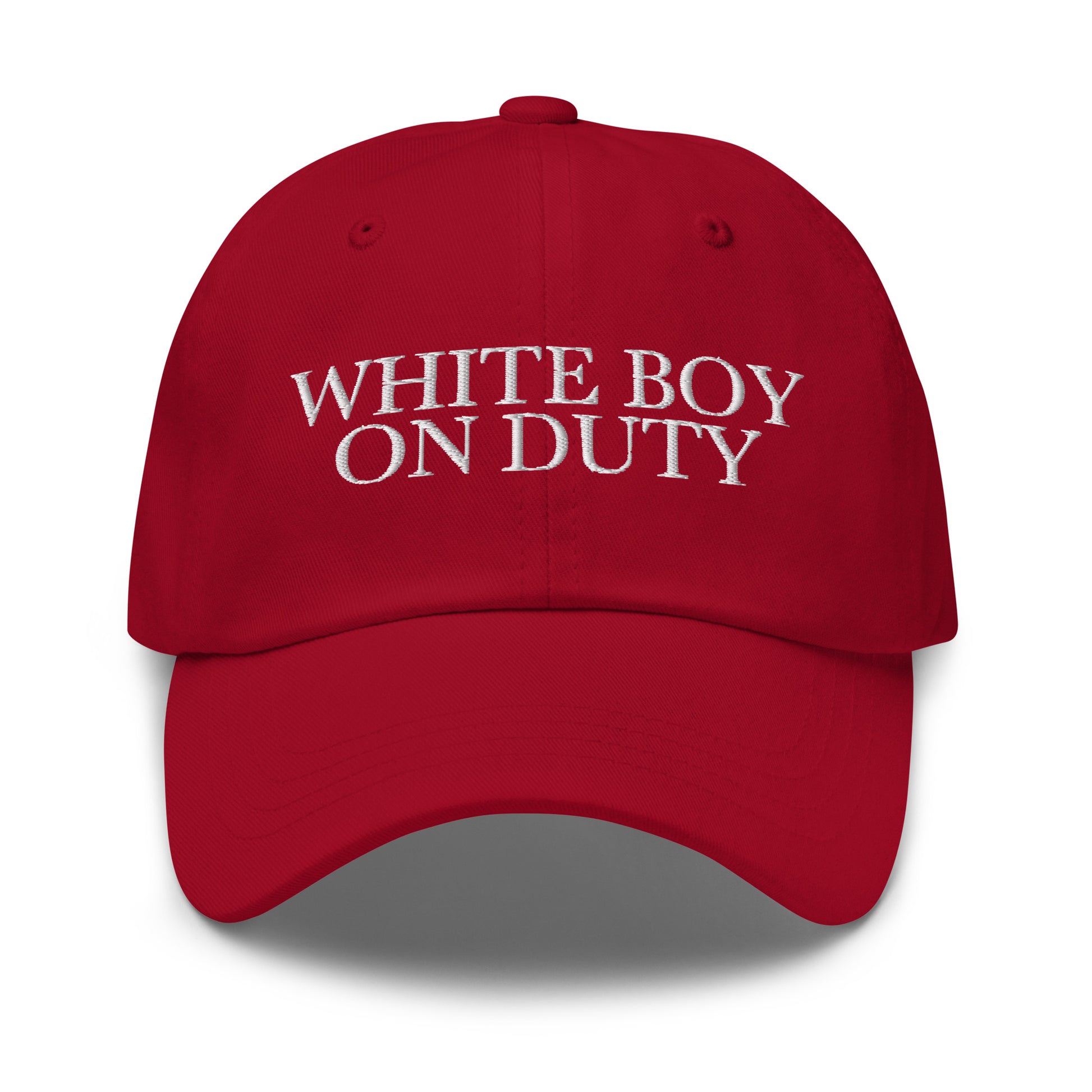 White Boy On Duty embroidered baseball cap in Cranberry with white embroidery by White Boy Summer