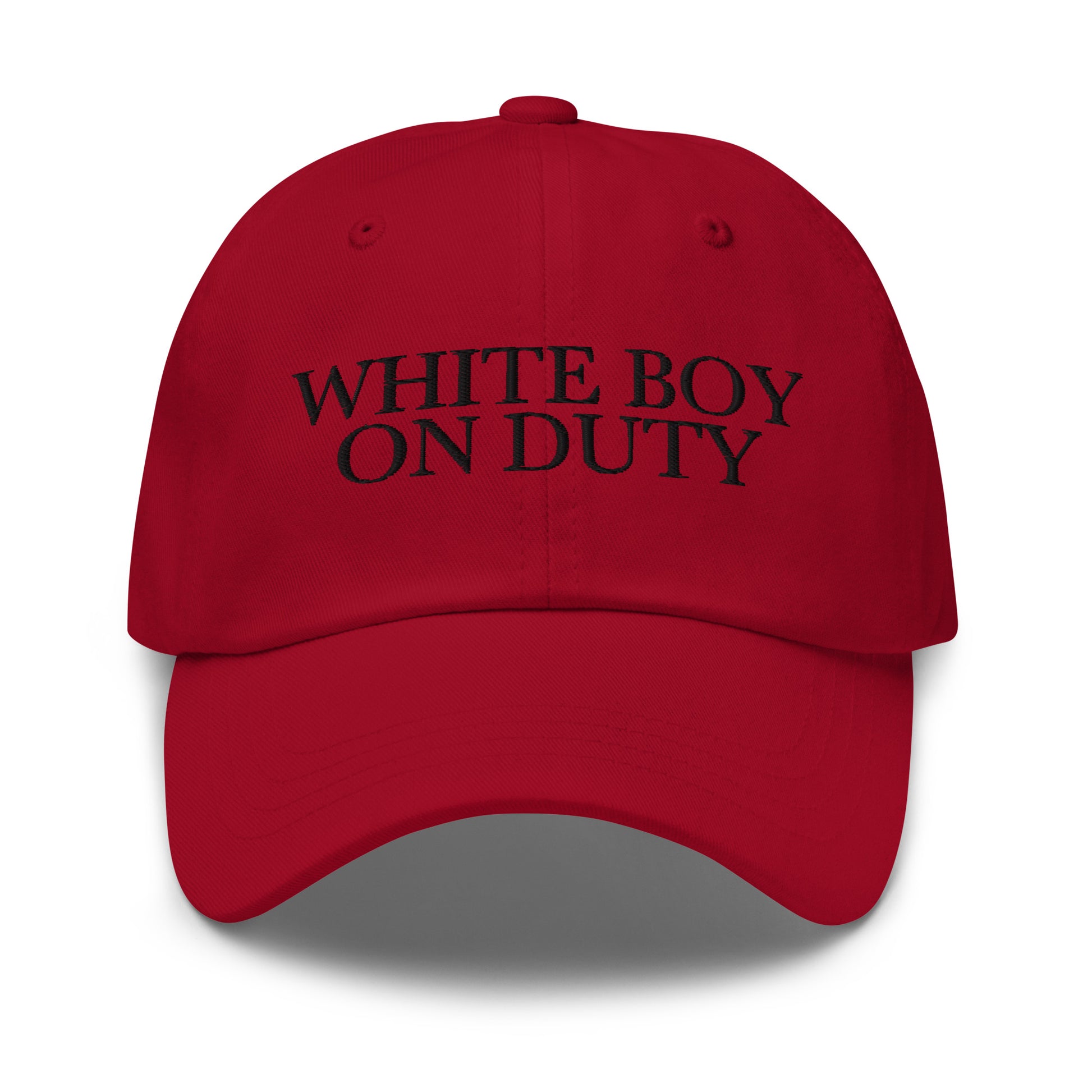 White Boy On Duty embroidered baseball cap in Cranberry with black embroidery by White Boy Summer
