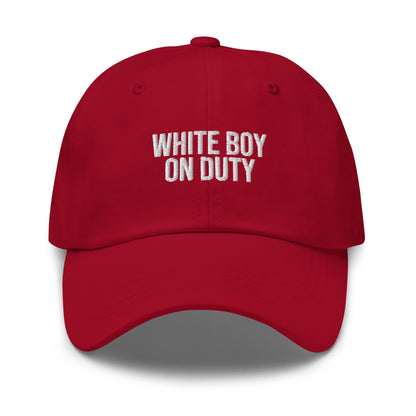 White Boy On Duty embroidered baseball cap in Cranberry with white embroidery by White Boy Summer