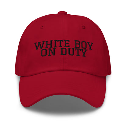 White Boy On Duty embroidered baseball cap in Cranberry with black embroidery by White Boy Summer