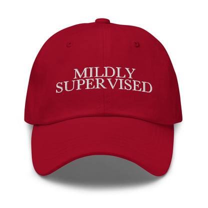 Mildly Supervised embroidered baseball cap in Cranberry with white embroidery by White Boy Summer