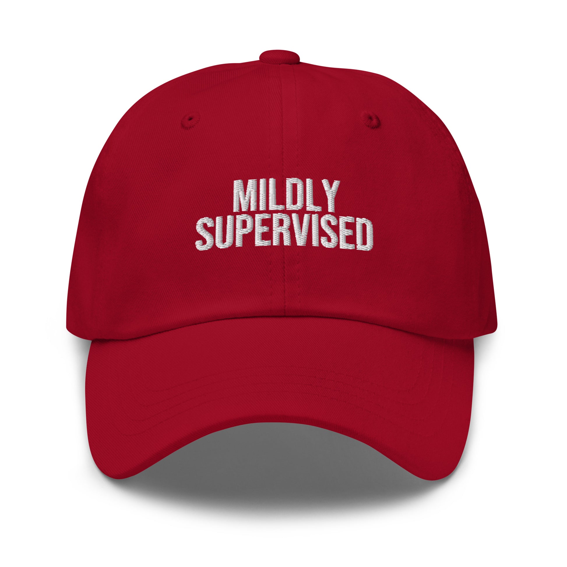 Mildly Supervised embroidered baseball cap in Cranberry with white embroidery by White Boy Summer