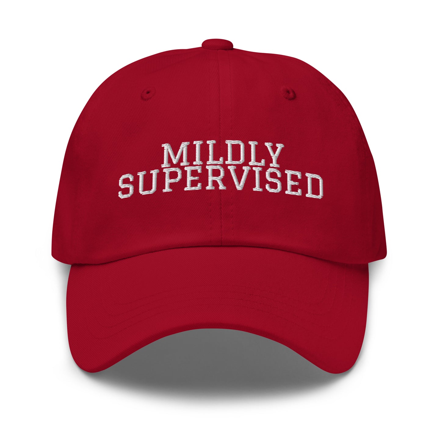 Mildly Supervised embroidered baseball cap in Cranberry with white embroidery by White Boy Summer
