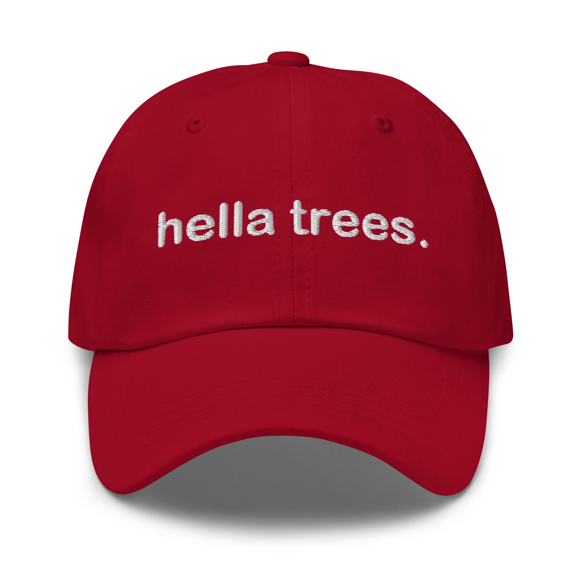Hella Trees embroidered baseball cap in Cranberry with white embroidery by White Boy Summer