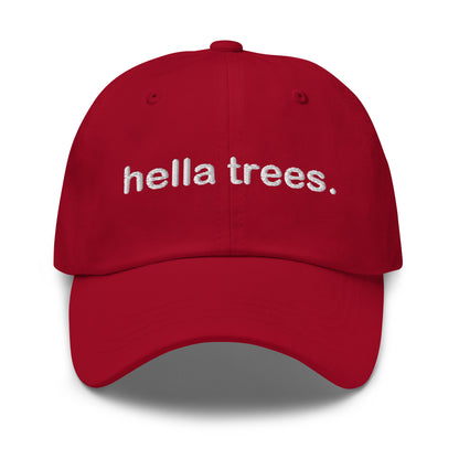 Hella Trees embroidered baseball cap in Cranberry with white embroidery by White Boy Summer
